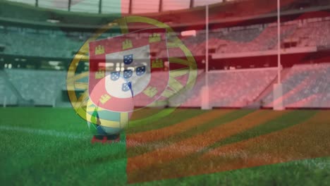 Animation-Einer-Portugiesischen-Flagge,-Die-über-Einem-Auf-Einem-Spielfeld-Liegenden-Rugbyball-Weht,-Digitale-Komposition
