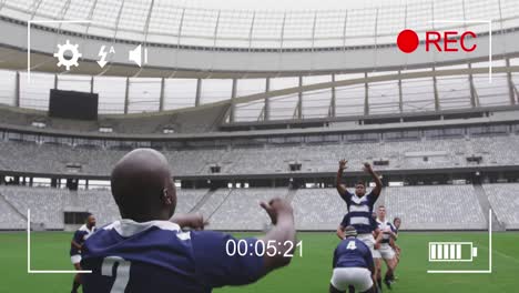 Animation-of-a-camera-screen-over-two-multi-ethnic-rugby-teams-playing-rugby