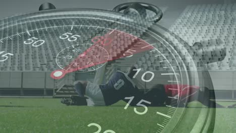 Animation-of-clock-ticking-over-two-multi-ethnic-rugby-teams-playing-rugby