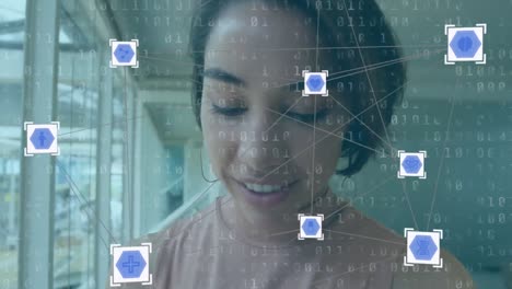 Animation-of-web-connections-and-data-processing-floating-over-mixed-race-woman-using-smartwatch