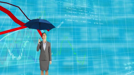 Verschieben-Von-Diagrammen-Und-Datenverarbeitung-Gegen-Eine-Geschäftsfrau-Mit-Regenschirm