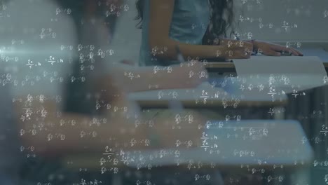 Animation-of-math-equations-with-classroom-and-student-working-on-background