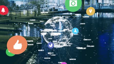 Web-of-connections-icons-and-spinning-globe-against-city-lake