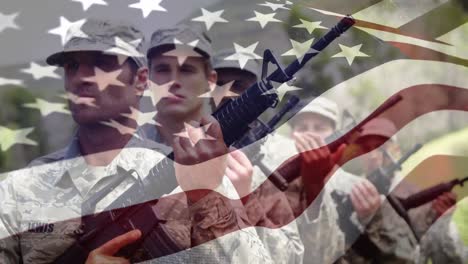 US-Soldaten-Mit-Waffen-Und-Schwenkender-Flagge-Im-Vordergrund