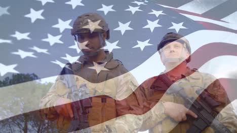 Soldado-Estadounidense-Caucásico-Con-Bandera-Estadounidense-Ondeando-En-Primer-Plano