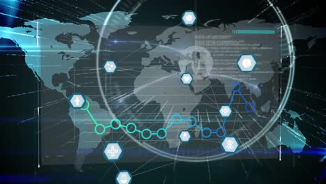 Animation-of-web-connections-with-icons-and-circles-floating-over-world-map-on-black-background