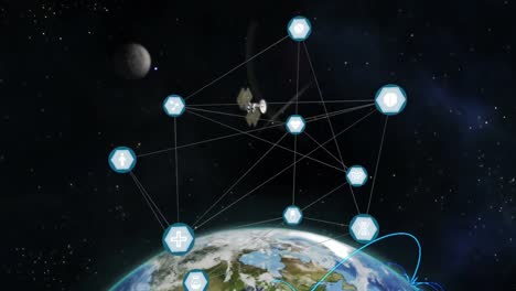 Animation-of-web-connections-over-a-spinning-globe-and-satellite-on-space-background