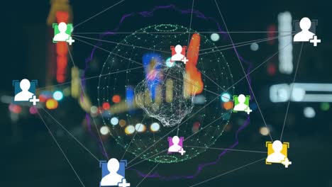 Netz-Von-Verbindungssymbolen,-Die-Einen-Globus-Vor-Dem-Nächtlichen-Stadtbild-Bilden