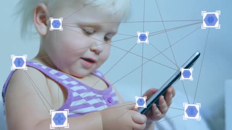 Animation-of-web-connections-with-social-icons-floating-over-Caucasian-child-using-smartphone