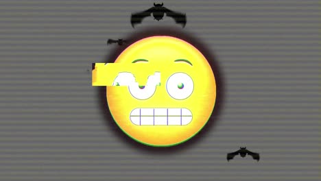 Gesichts-Emoji-Vor-Fledermäusen,-Die-Im-Hintergrund-Fliegen