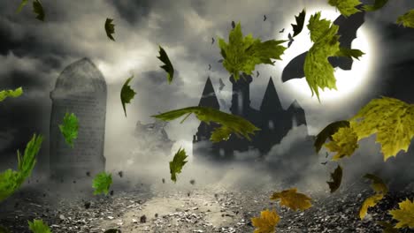 Digital-Composite-video-of-autumn-leaves-moving-against-Halloween-castle-in-background