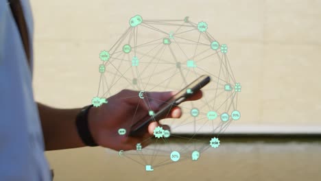 3D-Digitalnetzwerk-Im-Vordergrund-Und-Jemand,-Der-Ein-Smartphone-Verwendet