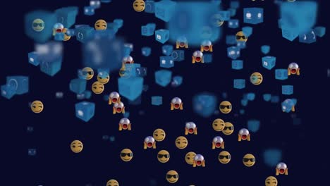 Emojis-Und-Digitale-Symbole,-Die-Sich-Vor-Blauem-Hintergrund-Bewegen