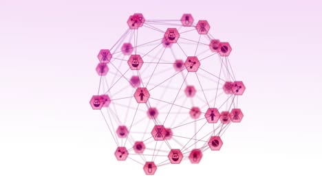 Animation-of-pink-globe-of-network-connections-with-health-icons