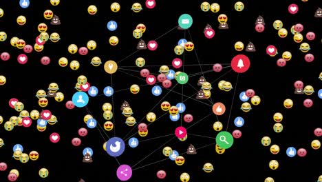 Emojis-Bewegen-Sich-Vor-Dem-Netz-Der-Verbindungssymbole-Im-Hintergrund