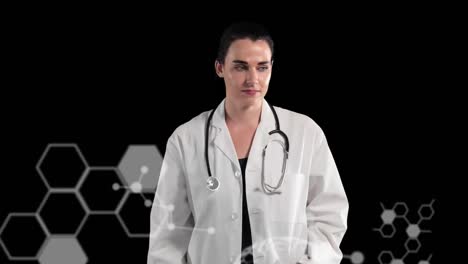 Kaukasische-Ärztin-Mit-Touch-Technologie-Auf-Schwarzem-Hintergrund