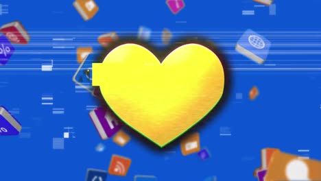 Gelbes-Herzsymbol-über-Digitalen-Symbolen,-Die-Sich-Vor-Blauem-Hintergrund-Bewegen