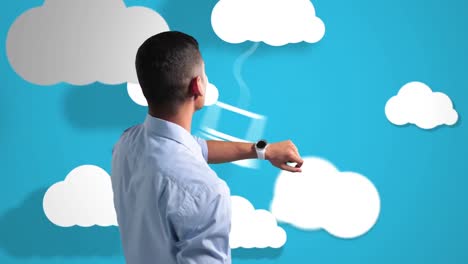 Asian-man-using-stopwatch-with-clouds-background