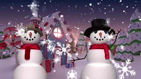 Stars-and-snow-falling-over-two-snowmans-waving-on-winter-landscape