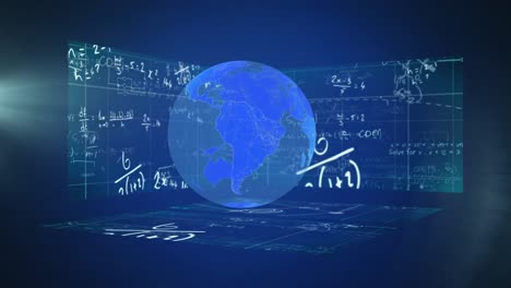 Animation-of-scientists-equations-hand-written-on-blue-screens-with-a-globe