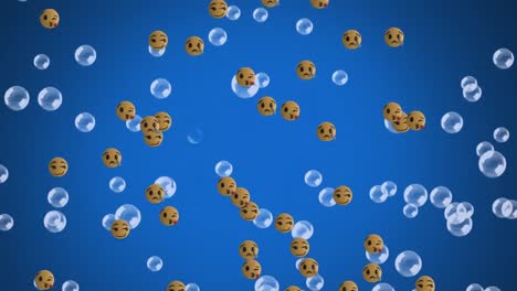 Emojis-and-bubbles-moving-against-blue-background