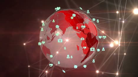 Netz-Aus-Leuchtenden-Verbindungssymbolen-Und-Einem-Sich-Drehenden-Globus-Vor-Rotem-Hintergrund