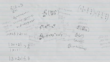 Mathematische-Gleichungen,-Die-Sich-Gegen-Weißes,-Liniertes-Papier-Bewegen