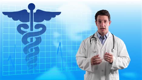Caucasian-doctor-talking-on-blue-background