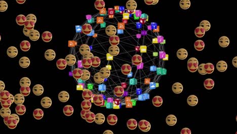 Emojis-Bewegen-Sich-Gegen-Ein-Netz-Aus-Verbindungssymbolen,-Die-Einen-Globus-Bilden