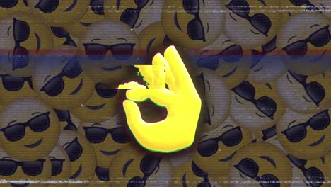 OK-Hand-Emoji-Gegen-Sonnenbrillen-Gesichts-Emojis,-Die-Sich-Im-Hintergrund-Bewegen