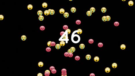 Zahlen-Steigen-über-Gesichts-Emojis,-Die-Sich-Vor-Schwarzem-Hintergrund-Bewegen