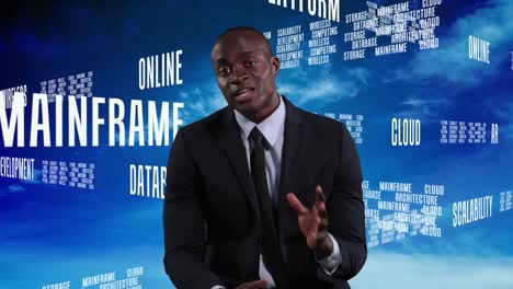 Afroamerikanischer-Moderator,-Der-Mit-Technologie-Keywords-Hintergrund-Spricht
