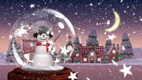 Stars-and-snow-falling-over-snowman-in-snow-globe-on-winter-landscape