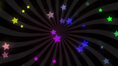 Digital-Generiertes-Video-Von-Mehrfarbigen-Sternen,-Die-Sich-Vor-Einem-Schwarz-Gestreiften-Hintergrund-Bewegen