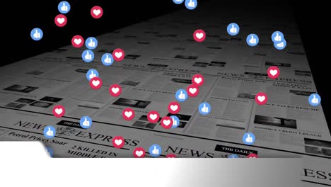 News-interface-and-Social-media-emojis-against-printing-newspaper