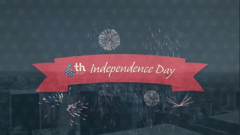 Independence-Day-text-and-fireworks-with-cityscape-in-background