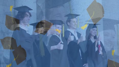 Digital-composite-video-of-graduation-hats-falling-against-group-of-graduates-posing-for-pictures