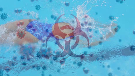 Digital-composite-video-of-hazard-sign-with-covid-19-cells-moving-against-woman-swimming-in-a-pool