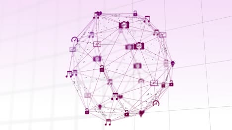 Animation-of-pink-globe-of-network-connections-with-multimedia-icons-on-pink-with-grid-background