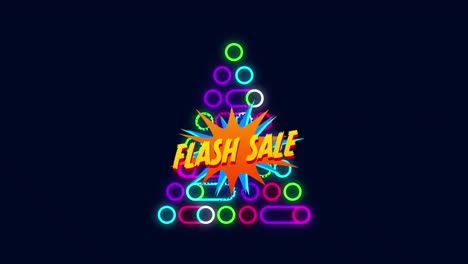 Digital-composite-video-of-flash-sale-text-and-neon-pyramid-against-black-background