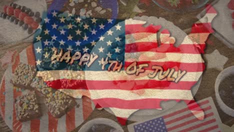 Digital-composite-video-of-u.s.-map-with-text-happy-4th-of-july-against-sweets-served-on-a-table