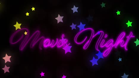 Digitally-generated-video-of-movie-night-neon-text-and-multi-colored-stars-moving-against-black-back