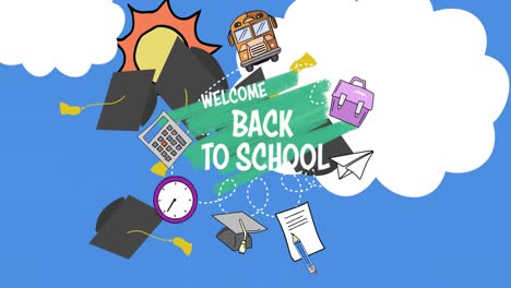 Digital-composite-video-of--welcome-back-to-school-text-and-school-equipment-icons-against-blue