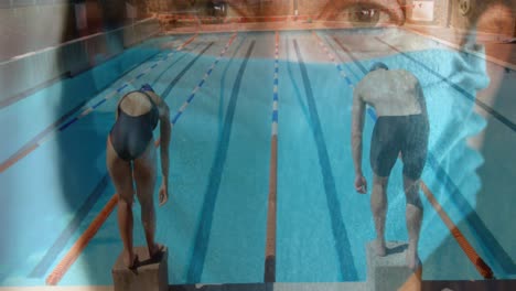 Digital-composite-video-of-man-and-woman-preparing-to-jump-into-pool-against-woman-in-face-mask