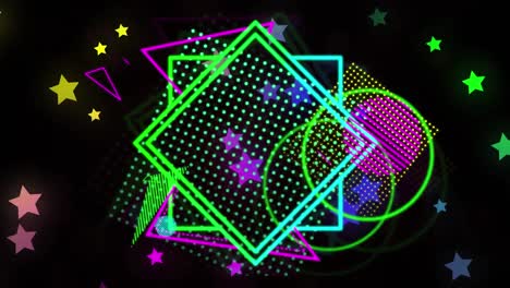Digitally-generated-video-of-multi-colored-neon-hexagons,-circles-and-stars-moving-against-black-bac