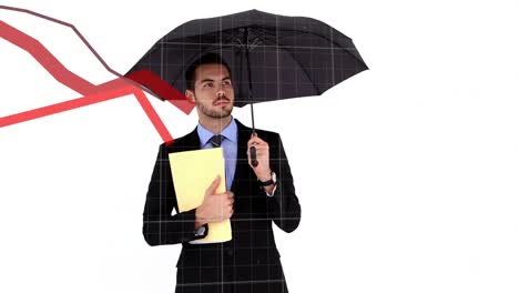 Rote-Diagramme,-Die-Sich-Gegen-Einen-Geschäftsmann-Bewegen,-Der-Einen-Regenschirm-Hält