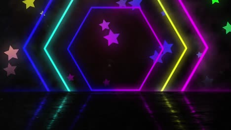 Digitally-generated-video-of-multi-colored-neon-hexagons-and-stars-moving-against-black-background
