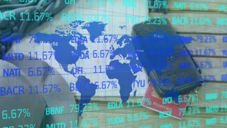 Vídeo-Compuesto-Digital-Del-Mapa-Mundial-Azul-Con-Procesamiento-De-Datos-Del-Mercado-De-Valores-Contra-Billetera,-Pasaporte