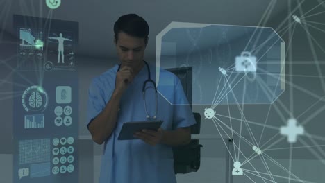 Digital-composite-video-of-against-network-of-connection-with-interface-medical-icons-against-doctor
