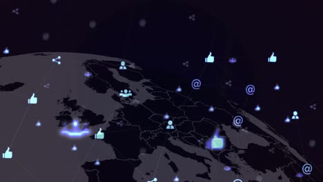 Digital-composite-video-of-web-of-connections-with-icons-moving-against-globe-in-background